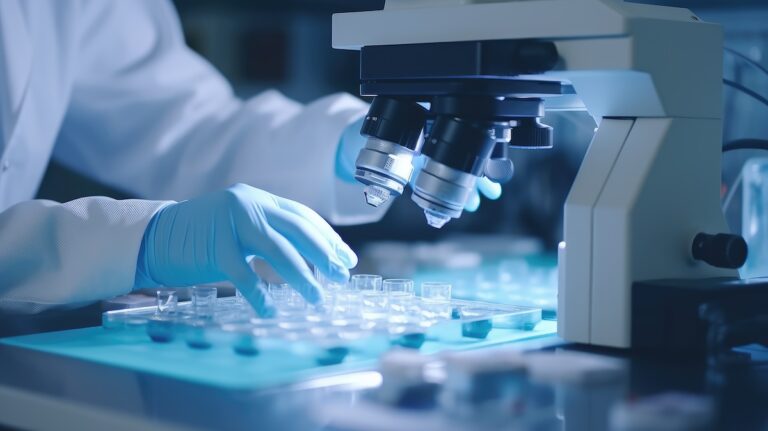 A laboratory technician makes microscopic bacteriological examination with the reagents