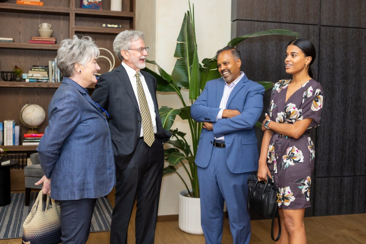 Left to right: Carol Gantt, friend of Virginia Robey; Henry Wells, executor of Virginia Robey's estate; Seenu Hariprasad, MD, chair and Shui-Chin Lee Professor of Ophthalmology;  Alexis Warren, MD, assistant professor of Ophthalmology.