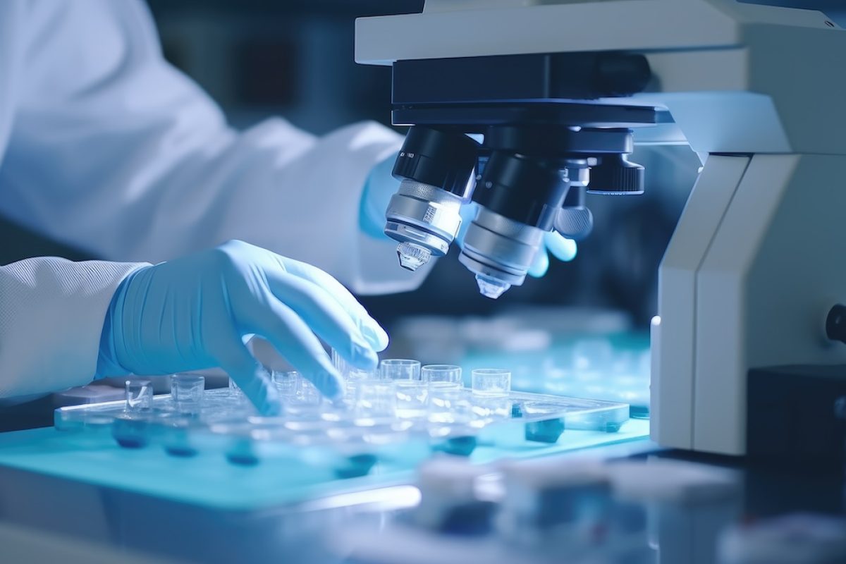 A laboratory technician makes microscopic bacteriological examination with the reagents. Work in microlaboratories