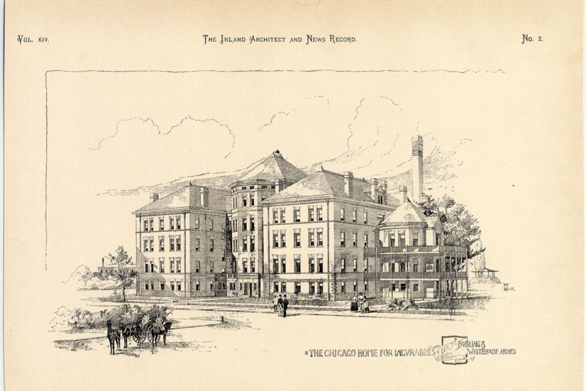 Chicago Home for Incurable, Burling and Whitehouse, Architects. From inland Architect, Vol.14, No.2, 1889. Ryerson & Burnham Libraries, The Art Institute of Chicago.